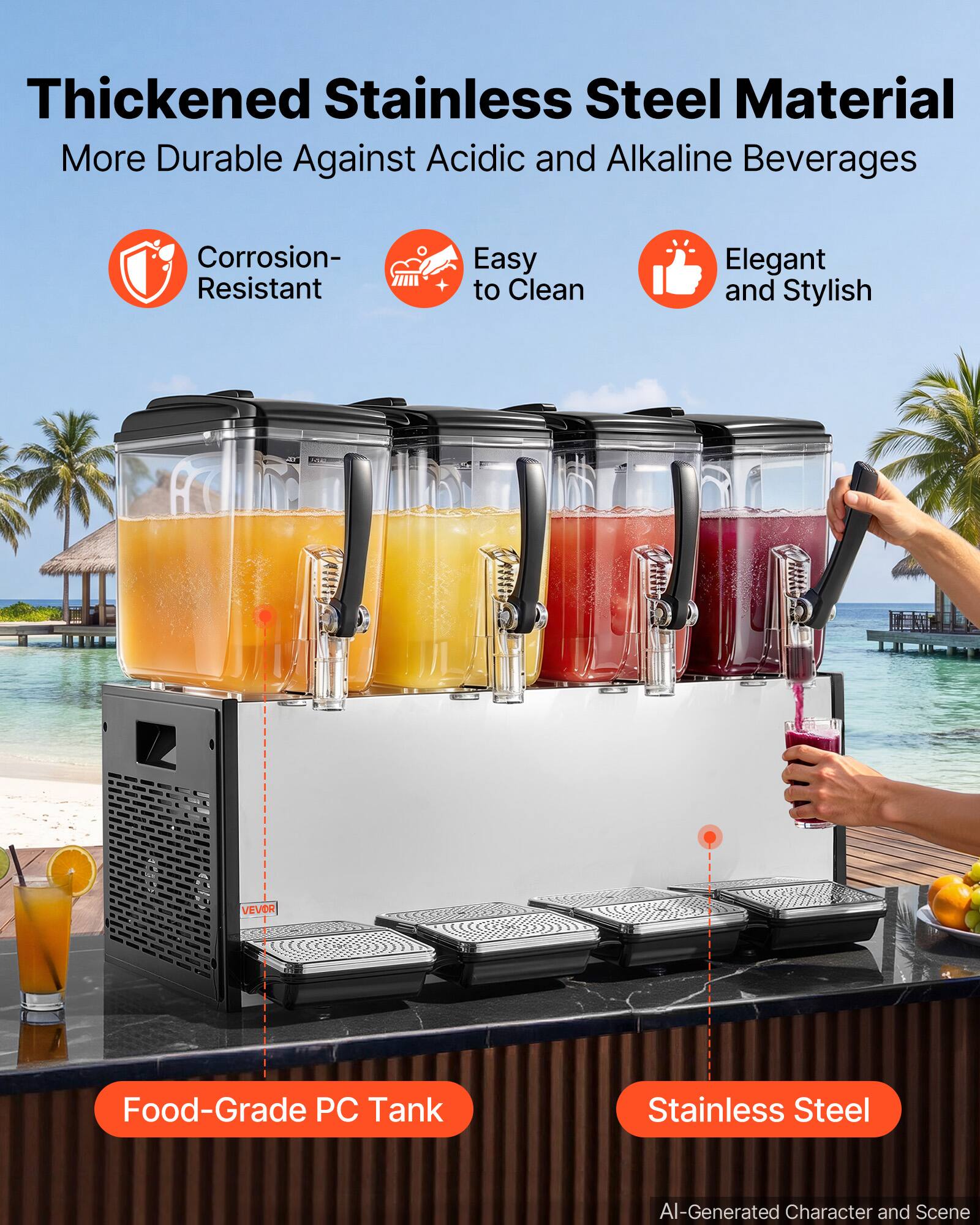 Thickened Stainless Steel Material  
More Durable Against Acidic and Alkaline Beverages

- Corrosion-Resistant
- Easy to Clean
- Elegant and Stylish

Food-Grade PC Tank  
Stainless Steel

AI-Generated Character and Scene