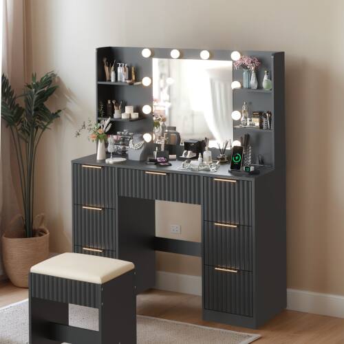 Alt View 5. Winado - Fluted Makeup Vanity Set with Lighted Mirror & Charging Station, Dressing Table w/ 7 Drawers for Femal Gift - Black.