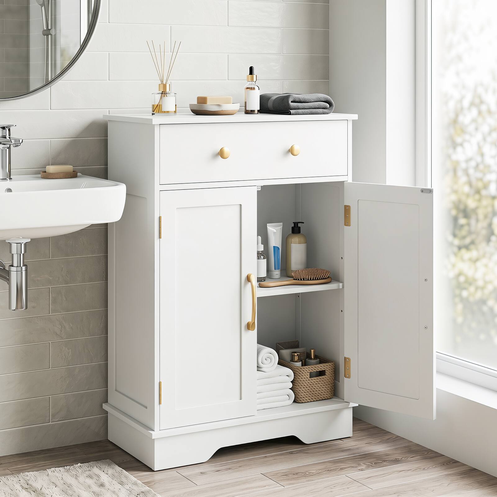 Alt View 3. Costway - Costway Bathroom Storage Cabinet, Sideboard Buffet Storage Cabinet with 2 Doors & Drawer - White + Gold.