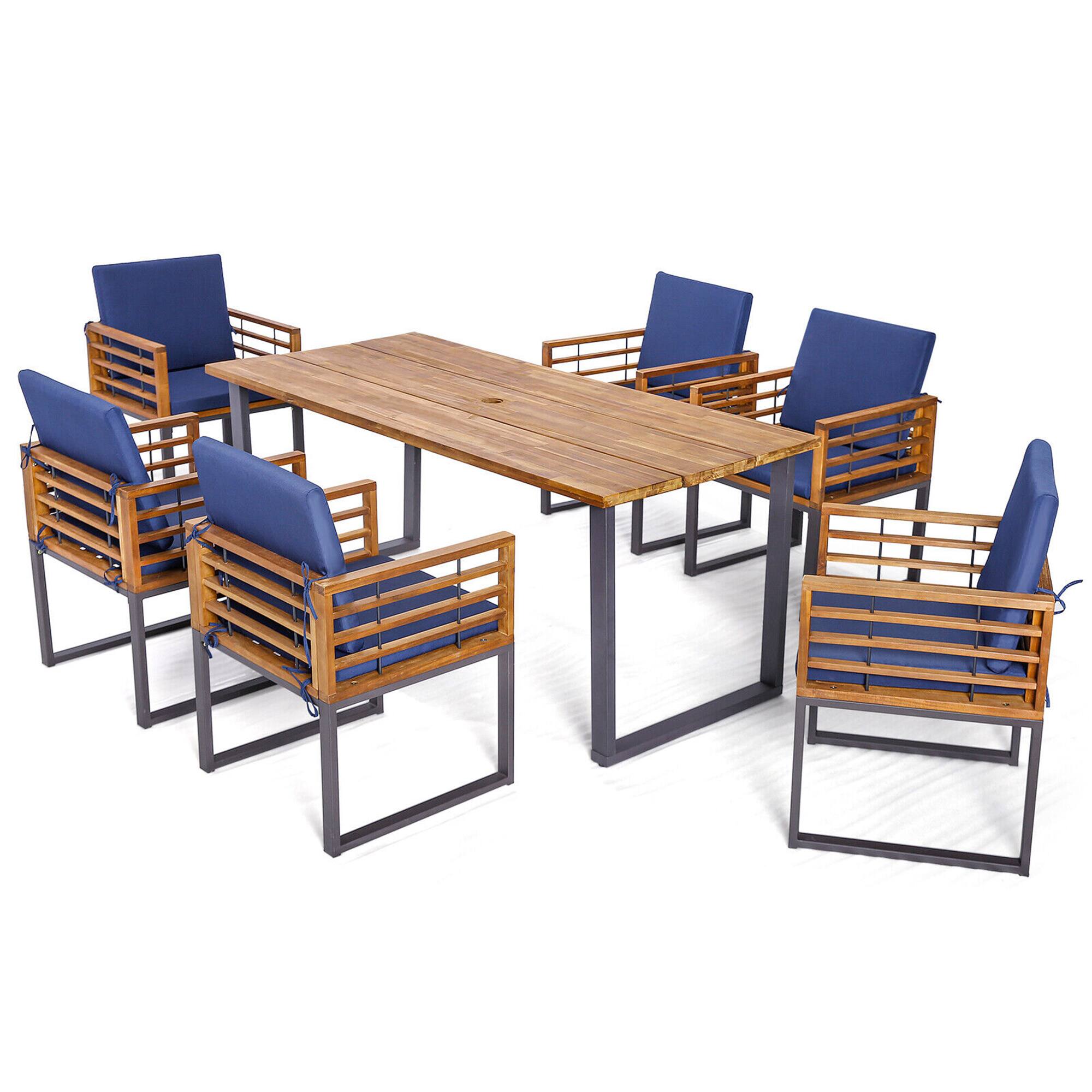 Alt View 6. Gymax - Gymax 7PCS Acacia Wood Patio Dining Set Cushioned Dining Chair & Table Set w/ Umbrella Hole - Navy Blue.