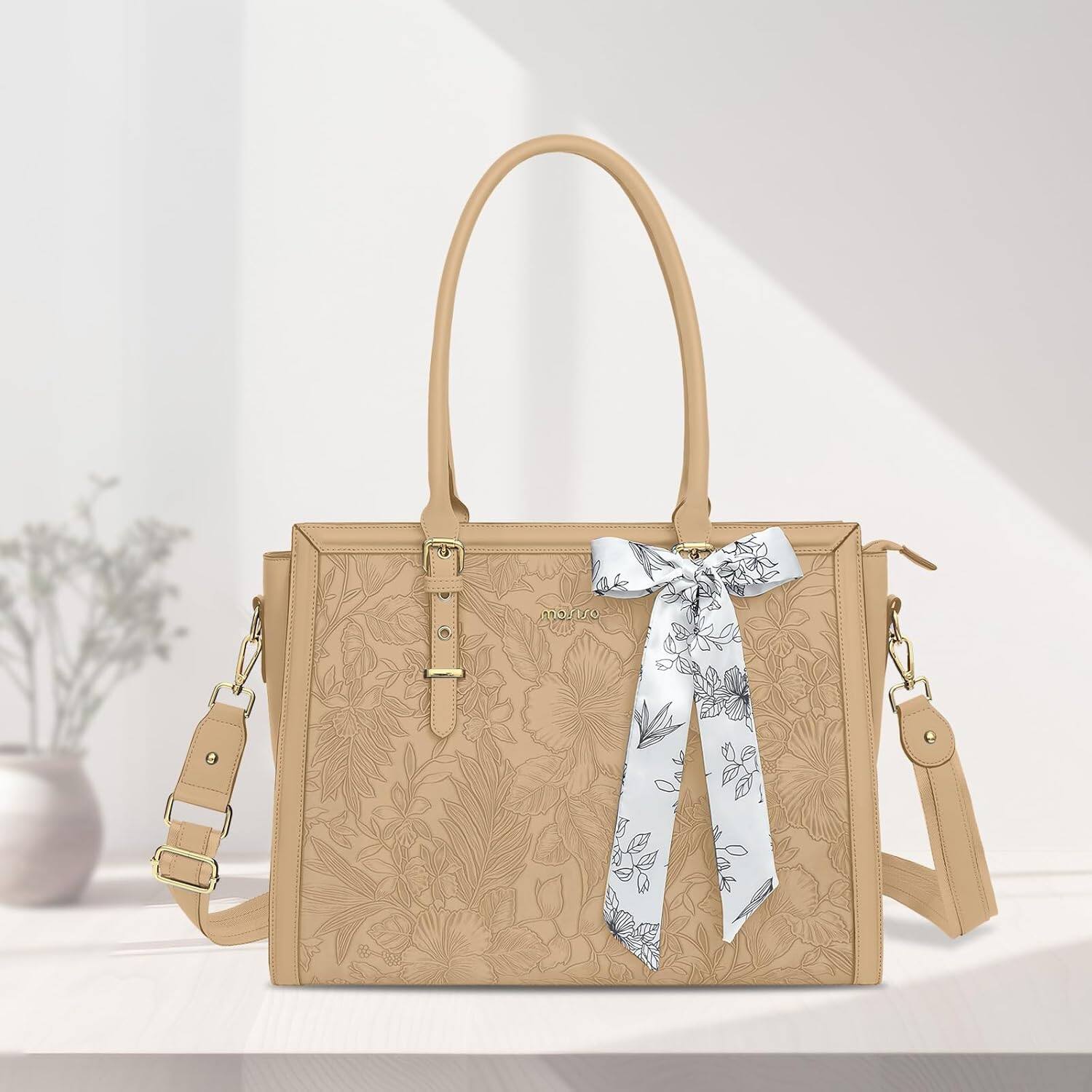Left. mosiso - Laptop Bag for Women 15-15.6 inch PU Leather Tote Bag Work Briefcase Computer Bags - Apricot.