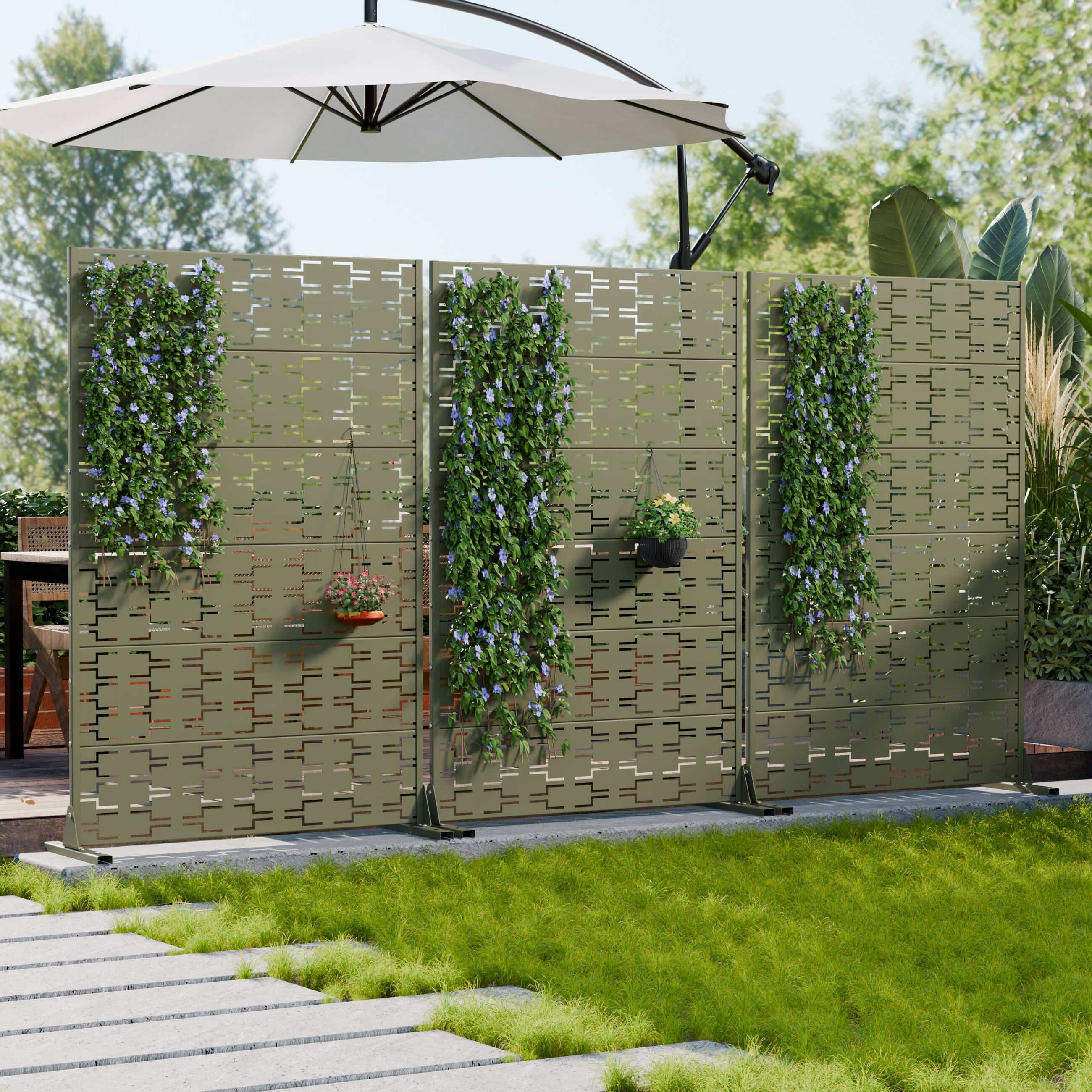 Alt View 2. PexFix - Metal Outdoor Privacy Screen Modern Geometric Laser-Cut Privacy Fence Freestanding Weatherproof Privacy Panel - Olive Gray.