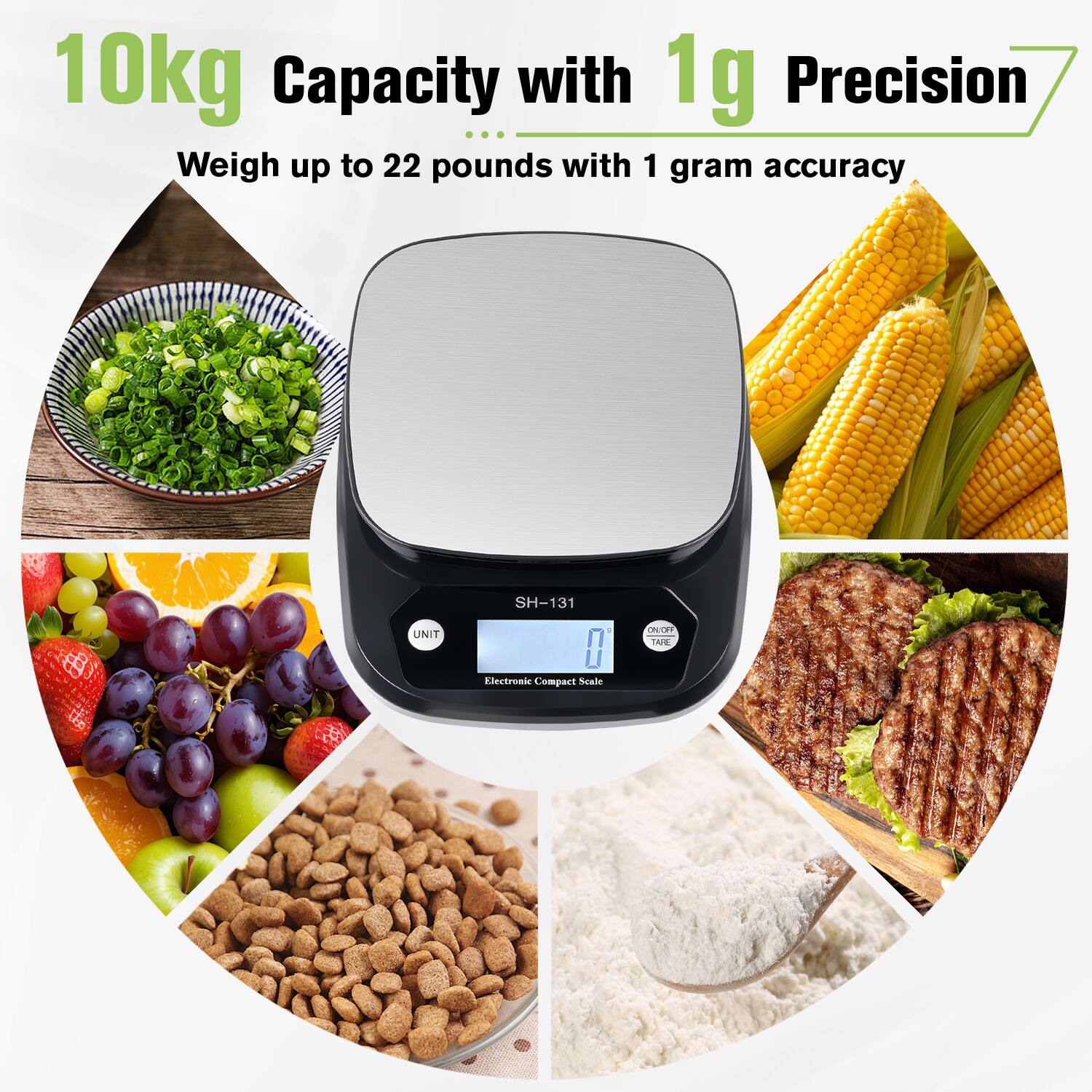 10kg Capacity with 1g Precision  
Weigh up to 22 pounds with 1 gram accuracy  

UNIT SH-131  
Electronic Compact Scale