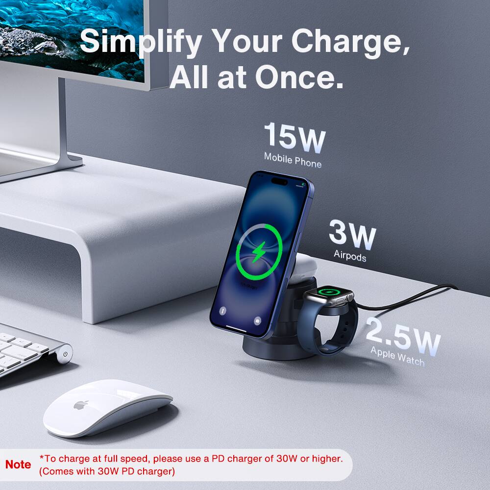 Simplify Your Charge, All at Once.

15W Mobile Phone  
3W Airpods  
2.5W Apple Watch  

*To charge at full speed, please use a PD charger of 30W or higher.  
(Comes with 30W PD charger)
