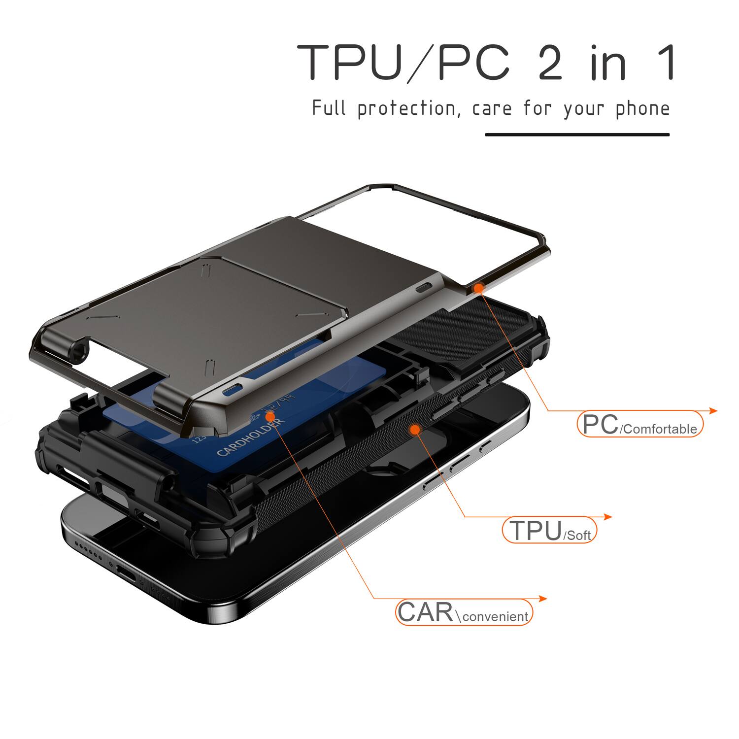 TPU/PC 2 in 1 Full protection, care for your phone

- PC/Comfortable
- TPU/Soft
- CAR/convenient