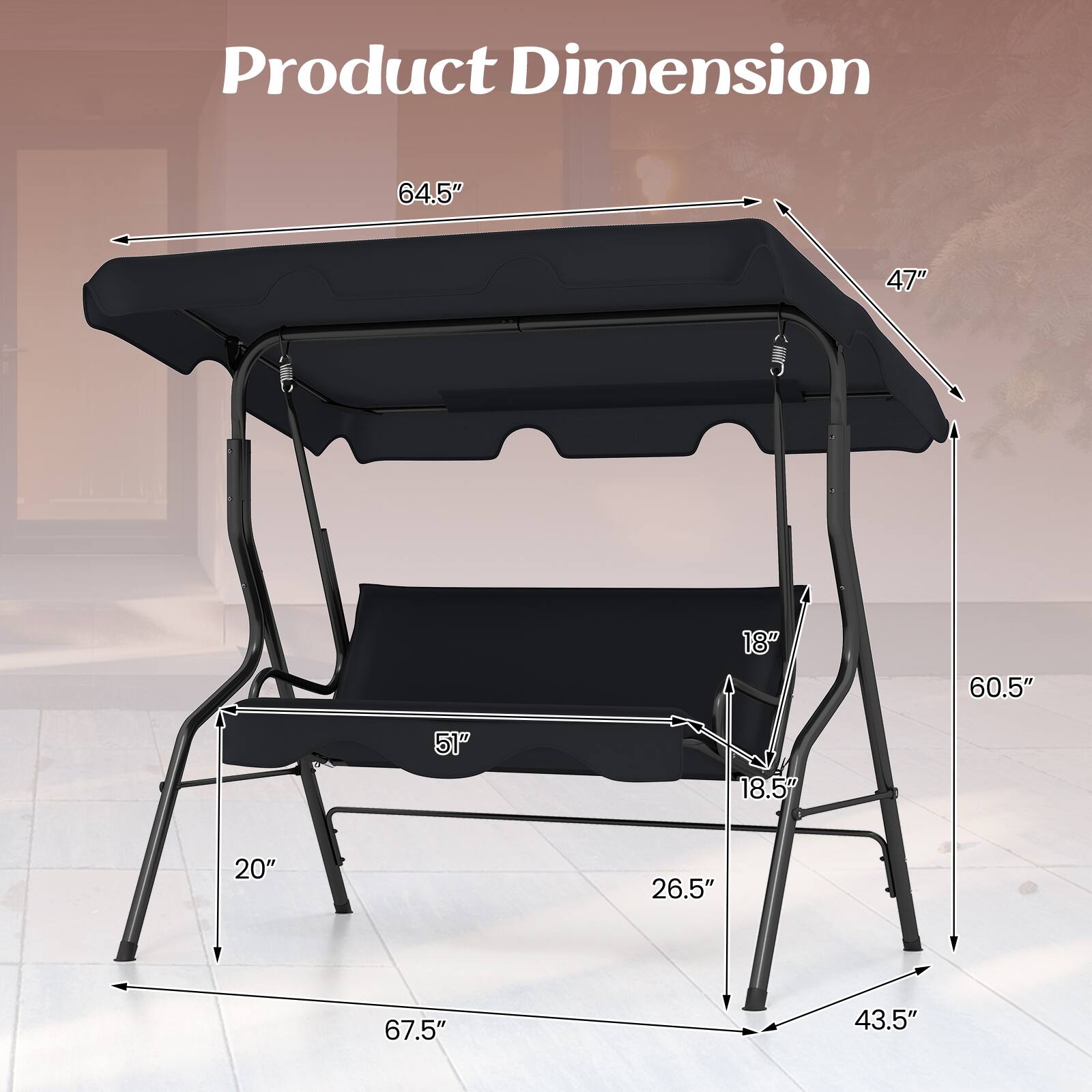 Product Dimension

- 64.5"
- 47"
- 60.5"
- 51"
- 18"
- 18.5"
- 20"
- 26.5"
- 67.5"
- 43.5"