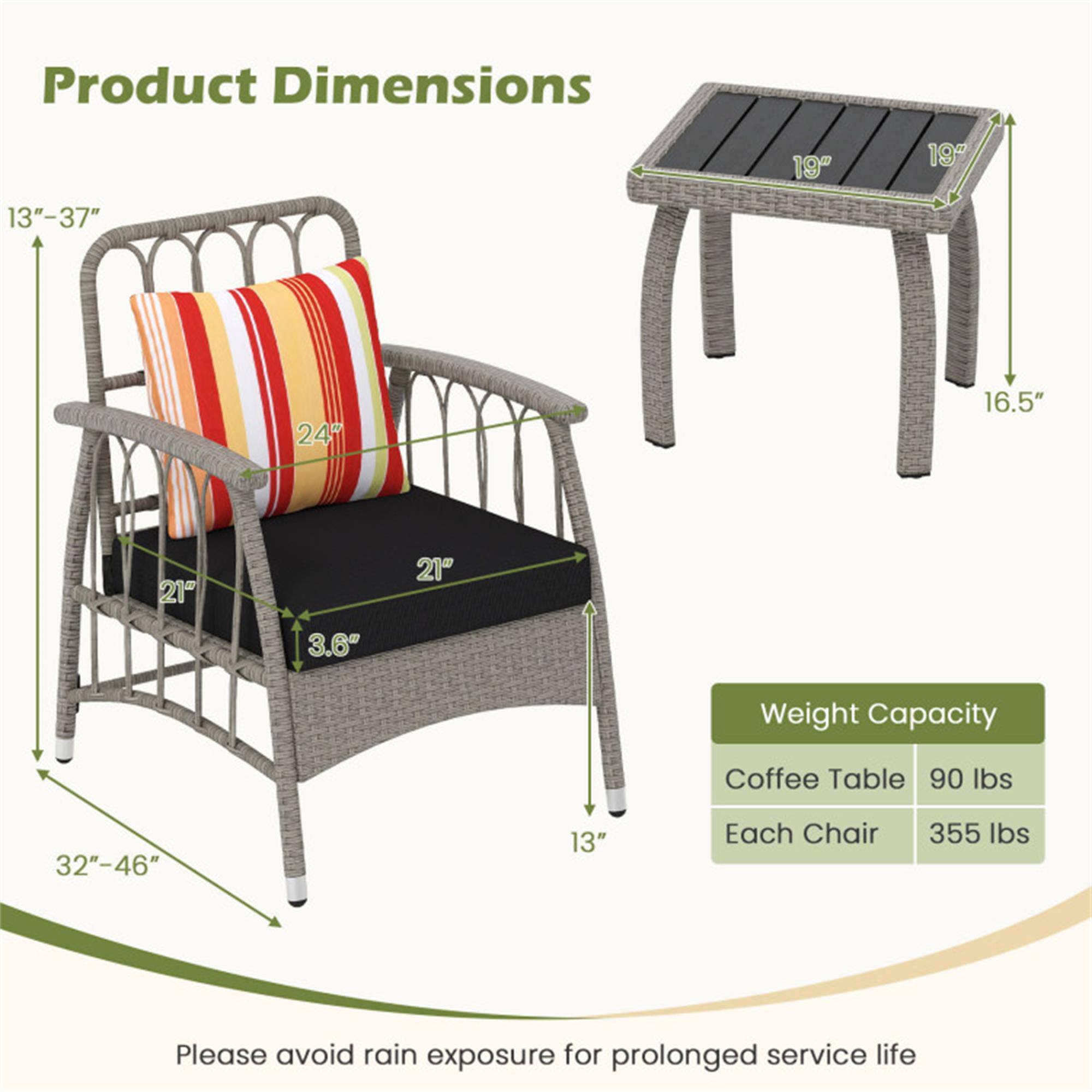 Product Dimensions  
19" x 19" x 13"-37" x 24" x 16.5" x 21" x 21" x 3.6"  
Weight Capacity  
Coffee Table: 90 lbs  
Each Chair: 355 lbs  

Please avoid rain exposure for prolonged service life.