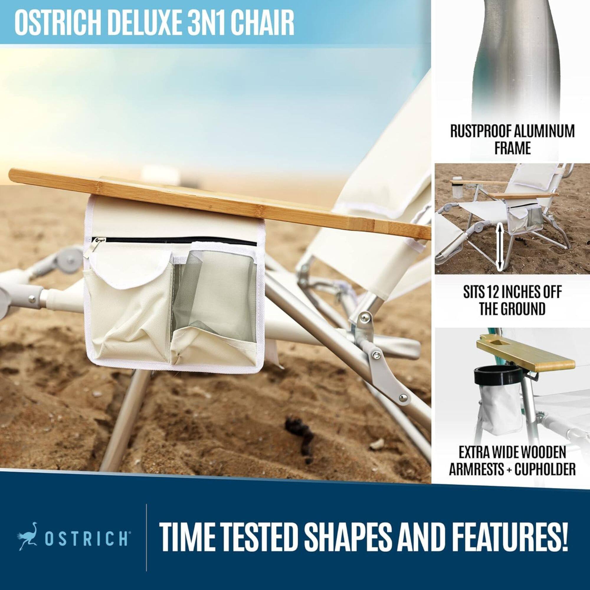 OSTRICH DELUXE 3N1 CHAIR

- RUSTPROOF ALUMINUM FRAME
- SITS 12 INCHES OFF THE GROUND
- EXTRA WIDE WOODEN ARMRESTS + CUPHOLDER

TIME TESTED SHAPES AND FEATURES!
