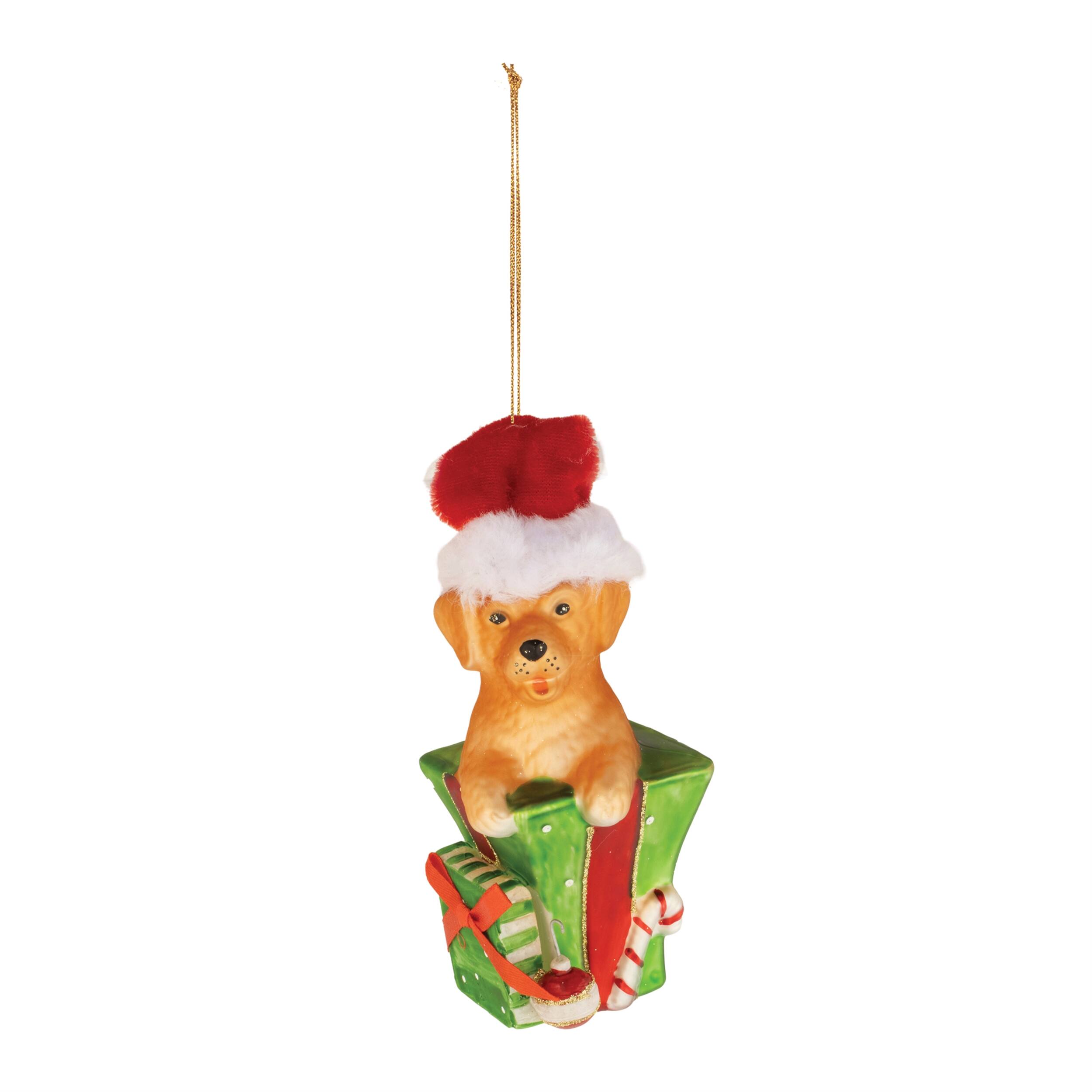 Angle. BreeBe - Puppy in Package Ornament (Set of 6) - Green, Orange, Red, White.