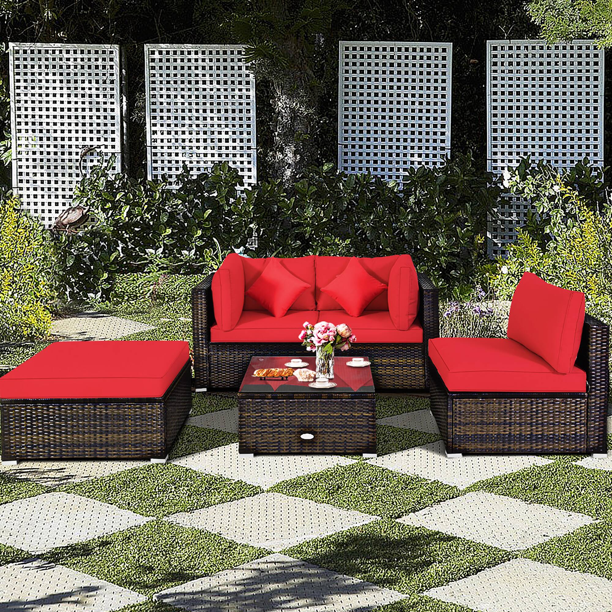Alt View 1. Costway - Costway 5PCS Outdoor Patio Rattan Furniture Set Sectional Conversation W/Red Cushions - Red.