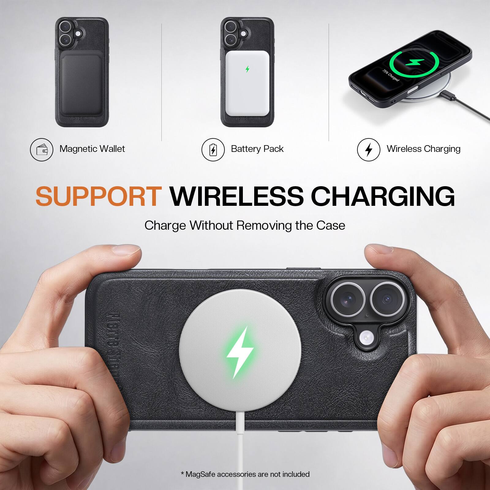 NSL Charged  
Magnetic Wallet  
Battery Pack  
Wireless Charging  
SUPPORT WIRELESS CHARGING  
Charge Without Removing the Case  
Merre Shan  
*MagSafe accessories are not included
