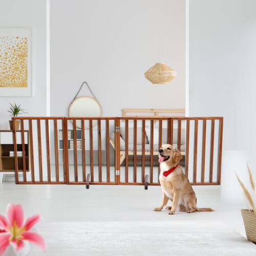 Alt View 7. Winado - Freestanding Pet Gate 24in Height Foldable, 4-Panel Wooden Barrier Fence with Support Feet for Stairs Hallways Doorways - Brown.