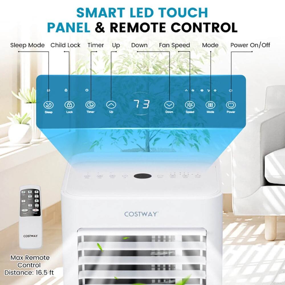 SMART LED TOUCH PANEL & REMOTE CONTROL

- Sleep Mode
- Child Lock
- Timer
- Up
- Down
- Fan Speed
- Mode
- Power On/Off

33 C  
Sleep Lock Timer  
Up  
73  
Down  
Speed  
88  
Mode  
Power

COSTWAY  
COSTWAY  
Max Remote Control Distance: 16.5 ft