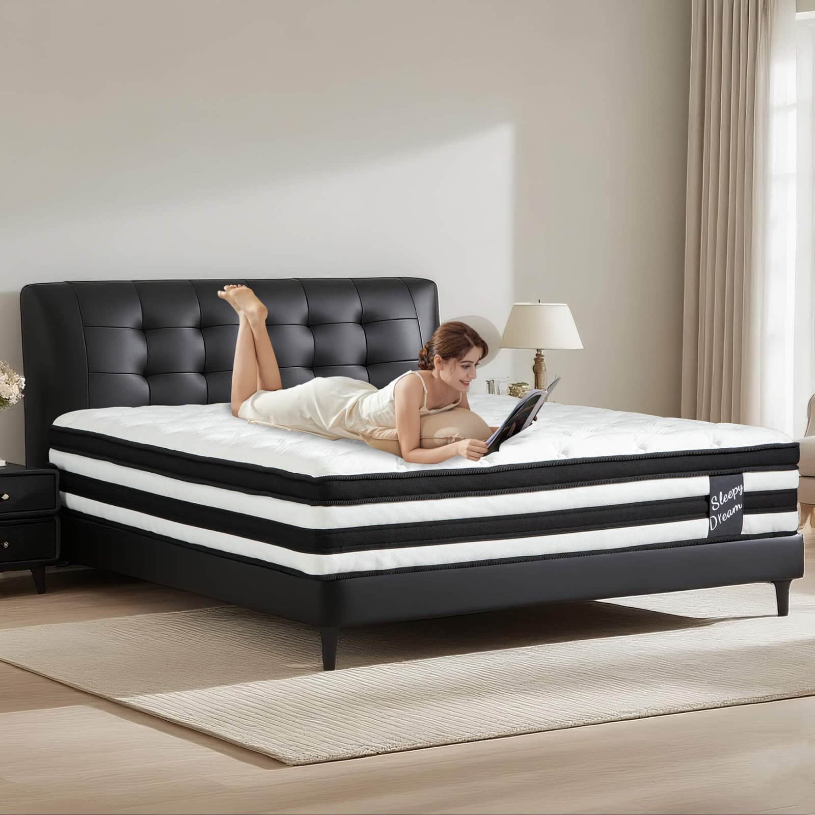 Ecooso - 12 Inch Twin Medium Firm Memory Foam Hybrid, Pocket Springs, Bed in a Box, CertiPUR-US - White+Black