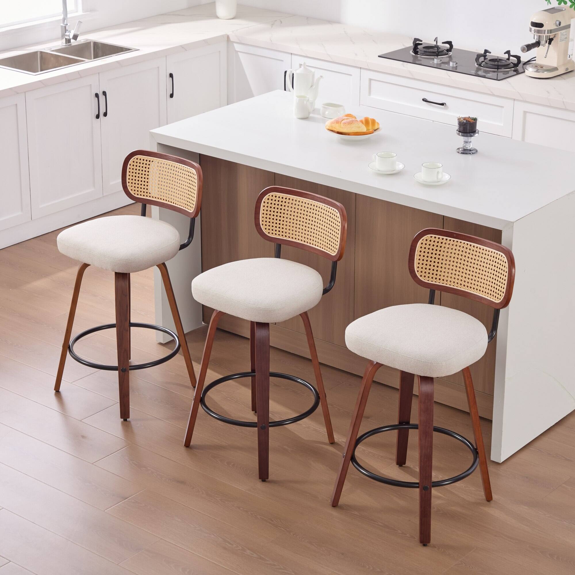 Alt View 1. PexFix - Farmhouse Walnut Counter Stools, Set of 3, Cane Rattan Back, Upholstered Seat, Swivel for Kitchen Island, Home Bar - Beige.