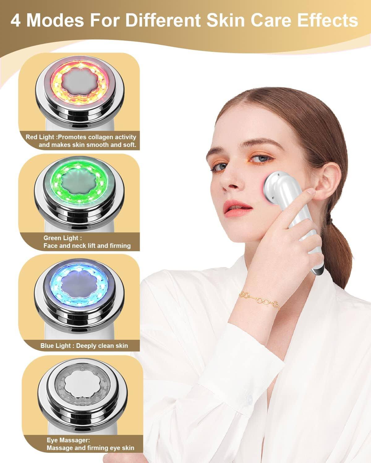 4 Modes For Different Skin Care Effects

Red Light: Promotes collagen activity and makes skin smooth and soft.

Green Light: Face and neck lift and firming

Blue Light: Deeply clean skin

Eye Massager: Massage and firming eye skin