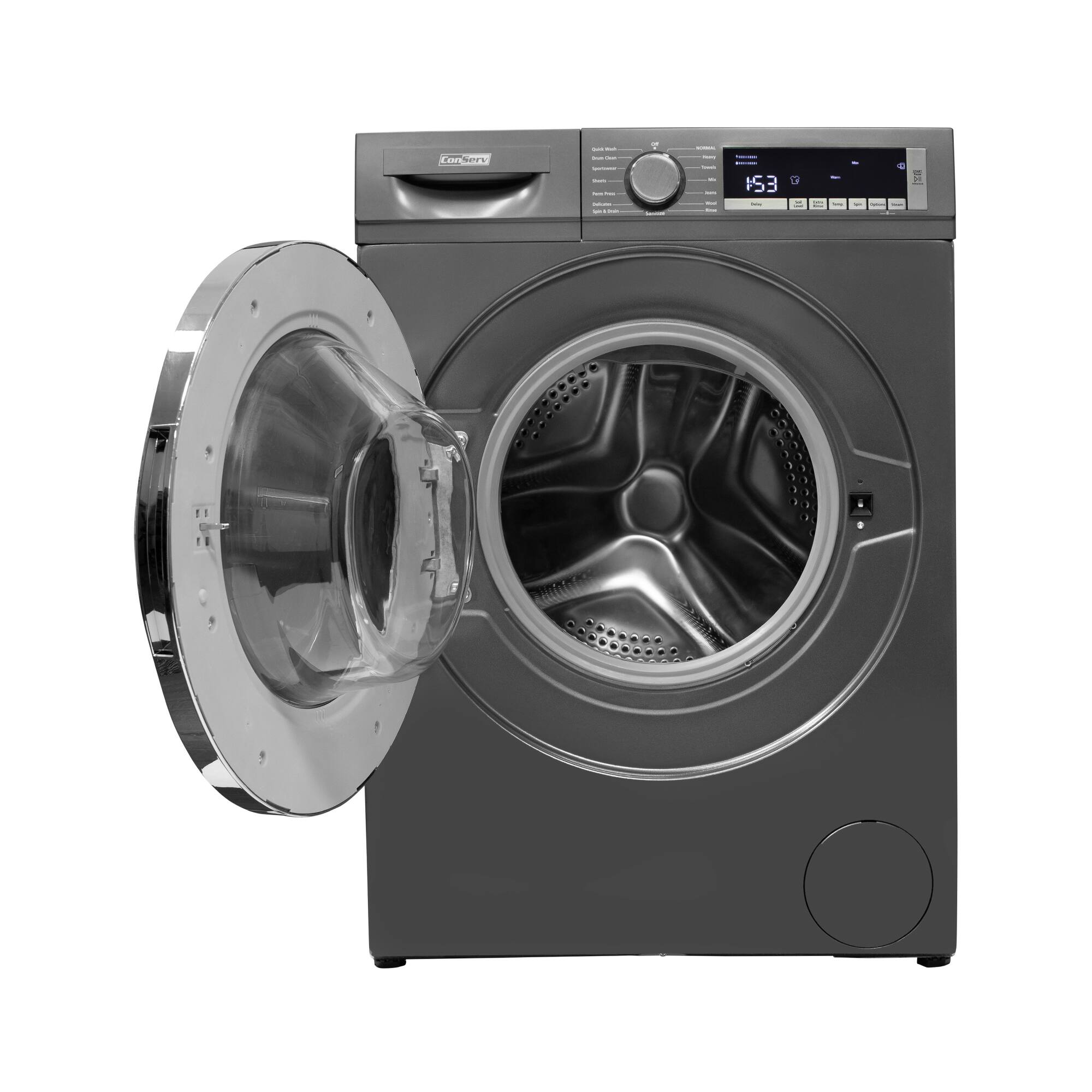 Left. Conserv - Conserv 2.2 Cu. Ft. Washer with Steam, Heater & Sanitize | 1400 RPM 15-Cycle 110V Compact Front Load Stackable - Titanium.
