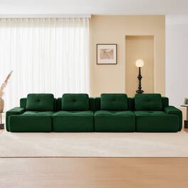 Anysun - 153" Corduroy Modular Sectional Sofa - 4-Seat Deep-Seat Couch, Pearl Piping, Tufted, Buckle Connection, No Assembly - Green