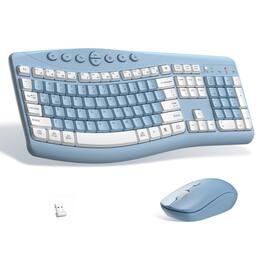 Bundle - HESVAP - Silent Ergonomic Wireless Keyboard and Mouse Combo, Full-Size Curved Keys, 2.4GHz USB, Adjustable DPI - Misty Blue A