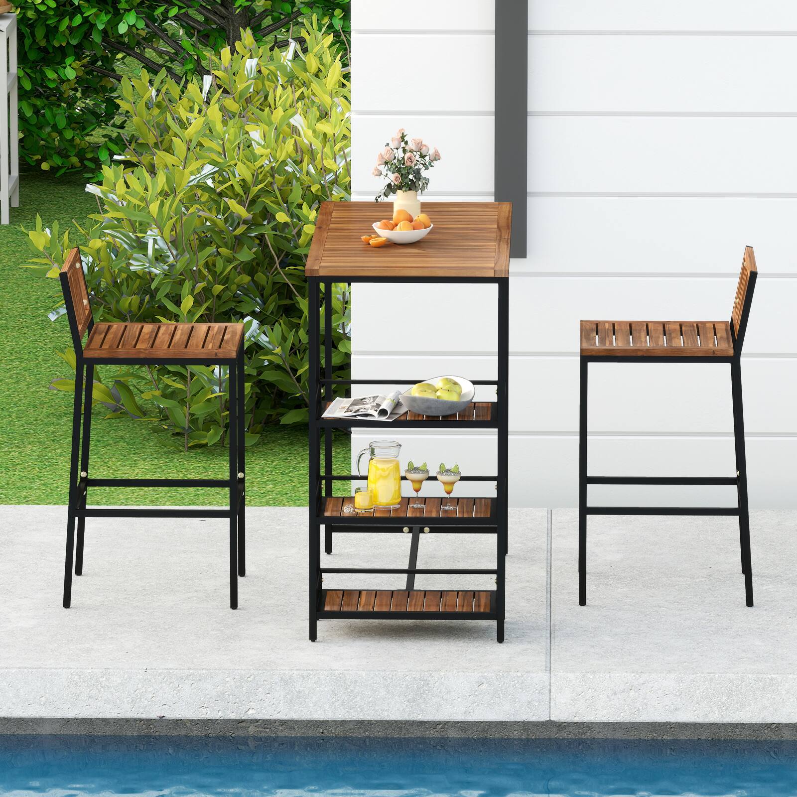 Alt View 7. Gymax - Gymax 3 Pieces Outdoor Wood Bar Set w/ 3-Tier Storage Shelf & Metal Frame for Backyard - Black, Natural.
