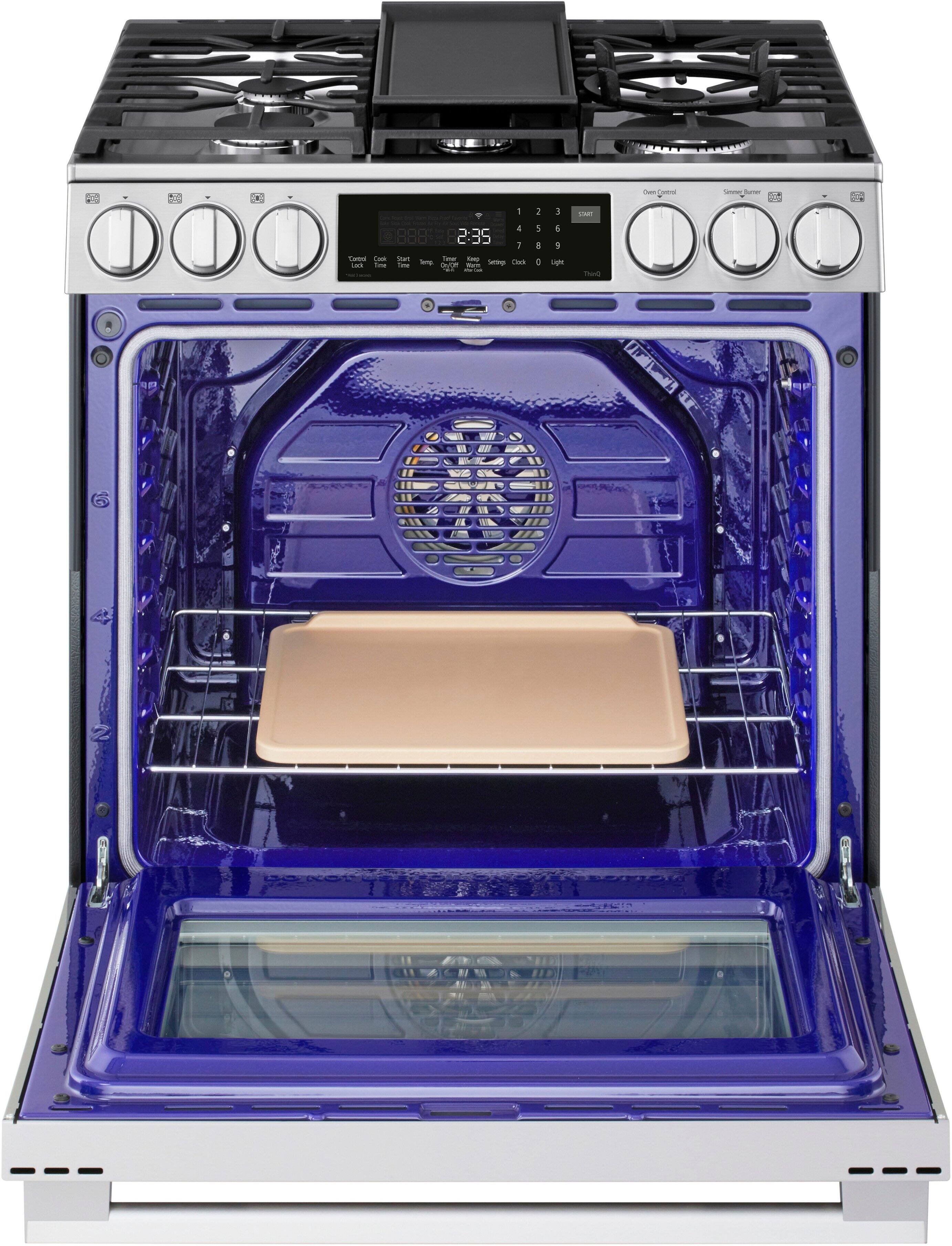 The oven is blue and has a timer that reads 2:35. The oven is empty, and the door is open.
