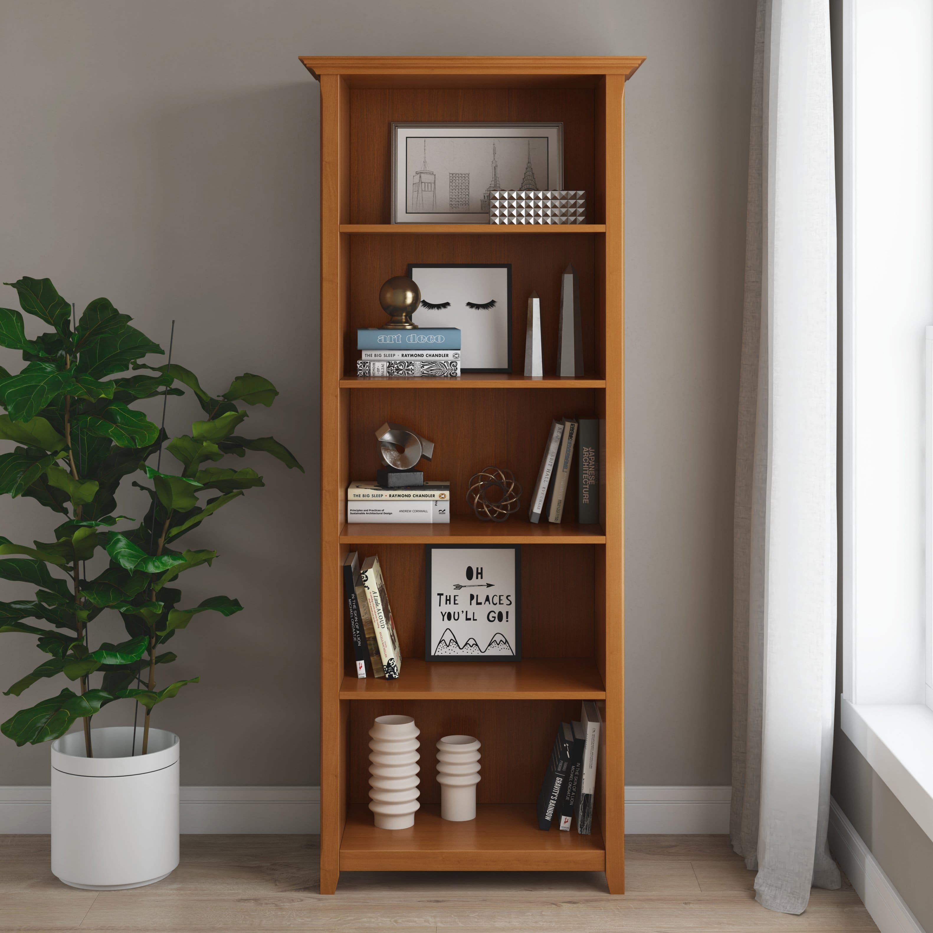 TinyHomie - Amherst 30 inch Solid Wood 5 Shelf Bookcase in Light Golden Brown