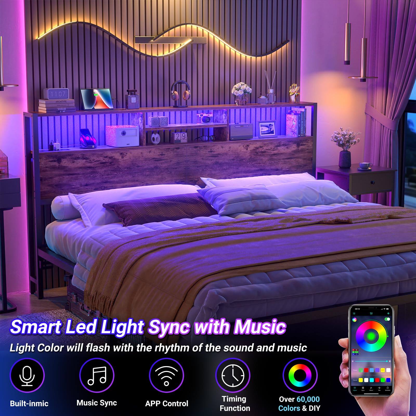1107 219 9 Smart Led Light Sync with Music  
Light Color will flash with the rhythm of the sound and music  
- Built-in mic  
- Music Sync  
- APP Control  
- Timing Function  
- Over 60,000 Colors & DIY