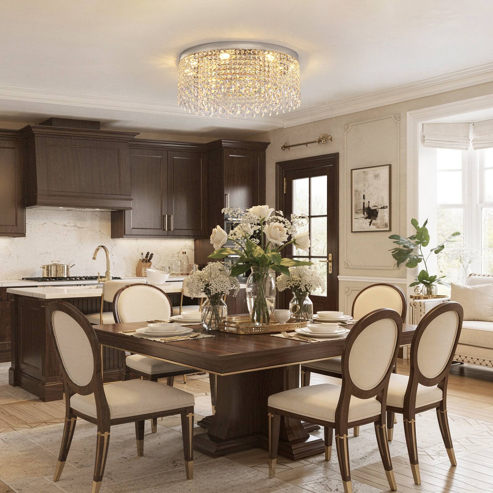 Left. Siljoy - 24 Inch Round Gold Flush Mount Crystal Ceiling Light, Luxury Raindrop Crystal Chandelier for Living Room Bedroom - Gold.