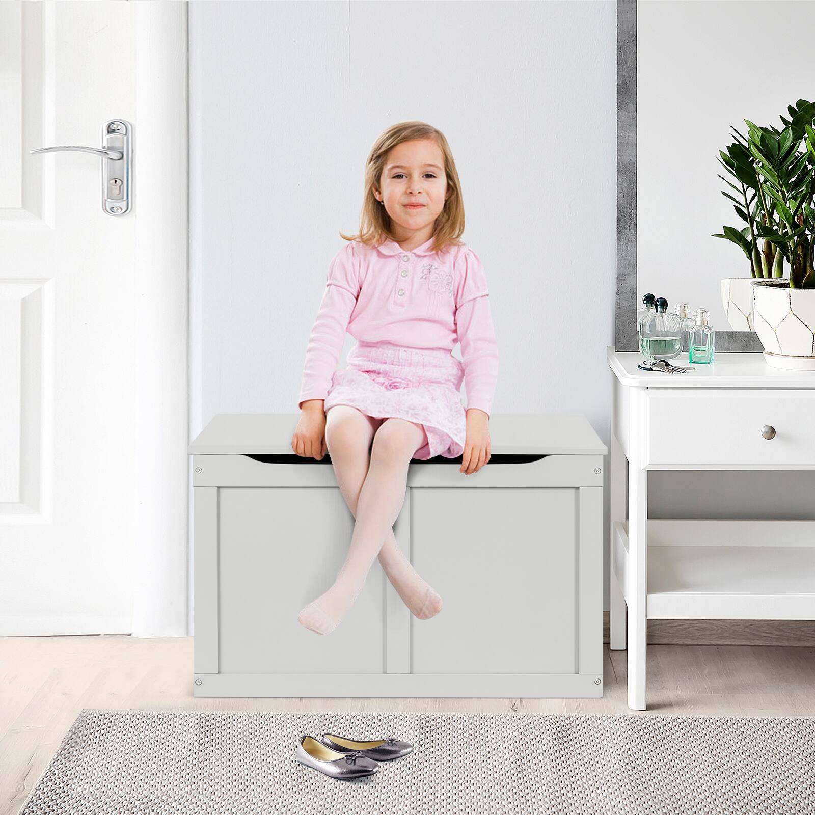 Alt View 3. Costway - Costway Wooden Toy Box Kids Storage Chest Bench W/ Flip-Top Lid & Safety Hinge - Gray.