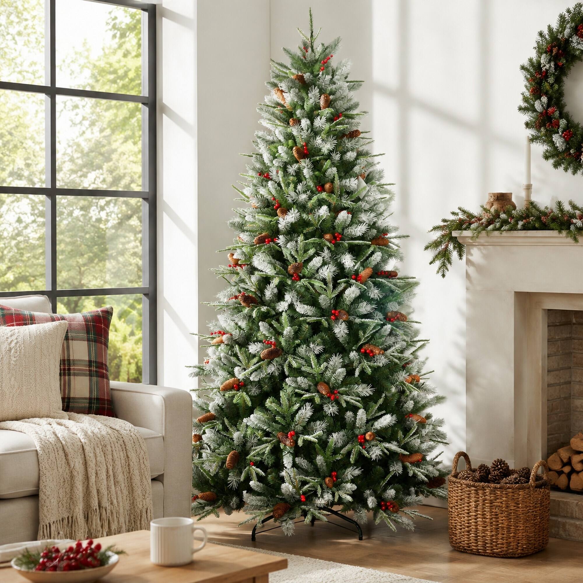 Back. RYHNUYNE - 6FT Christmas Tree With Red Berries Pine Cones, 1593 Snow-Dusted PE+PVC Branches Hinged Design Sturdy Metal Stand - Green,White.