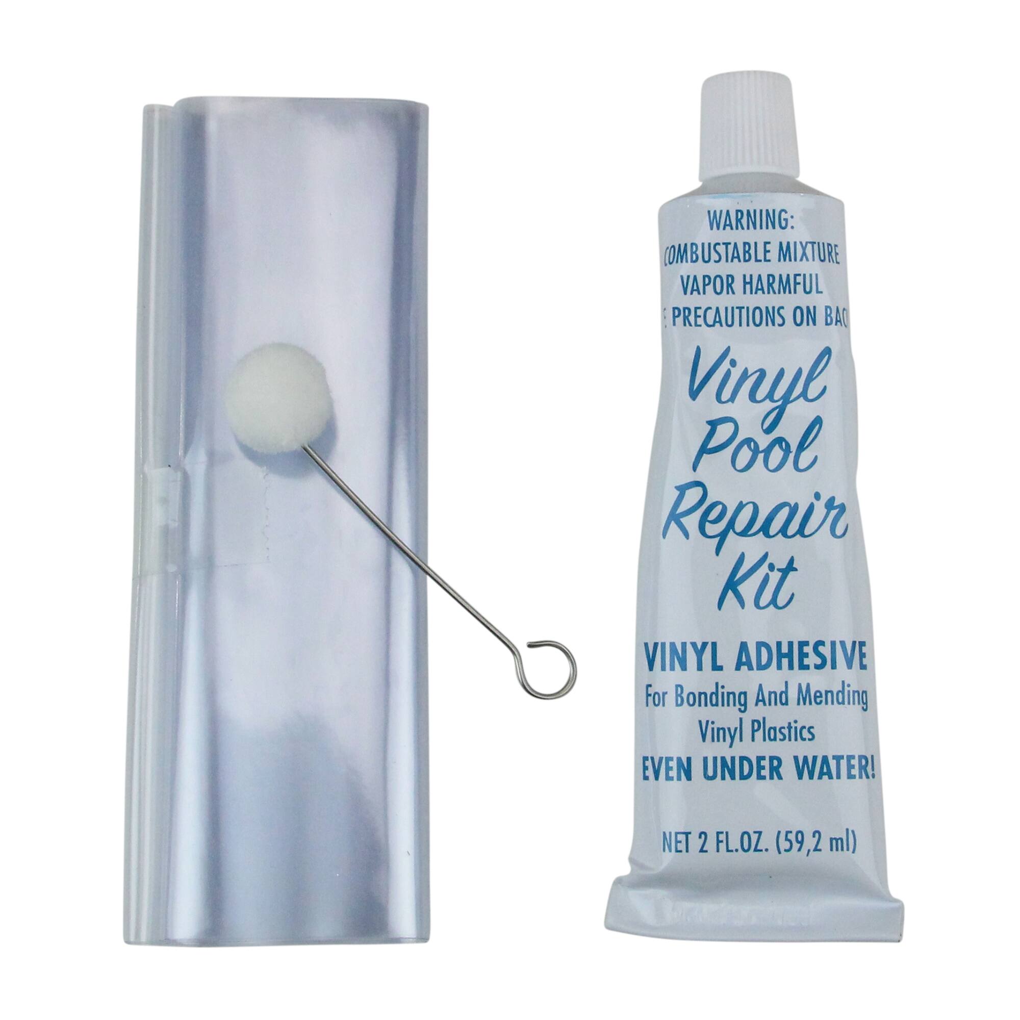**WARNING:**
- COMBUSTABLE MIXTURE
- VAPOR HARMFUL
- PRECAUTIONS ON BACK
**Vinyl Pool Repair Kit**
**VINYL ADHESIVE**
- For Bonding And Mending Vinyl Plastics
- EVEN UNDER WATER!
**NET 2 FL.OZ. (59.2 ml)**