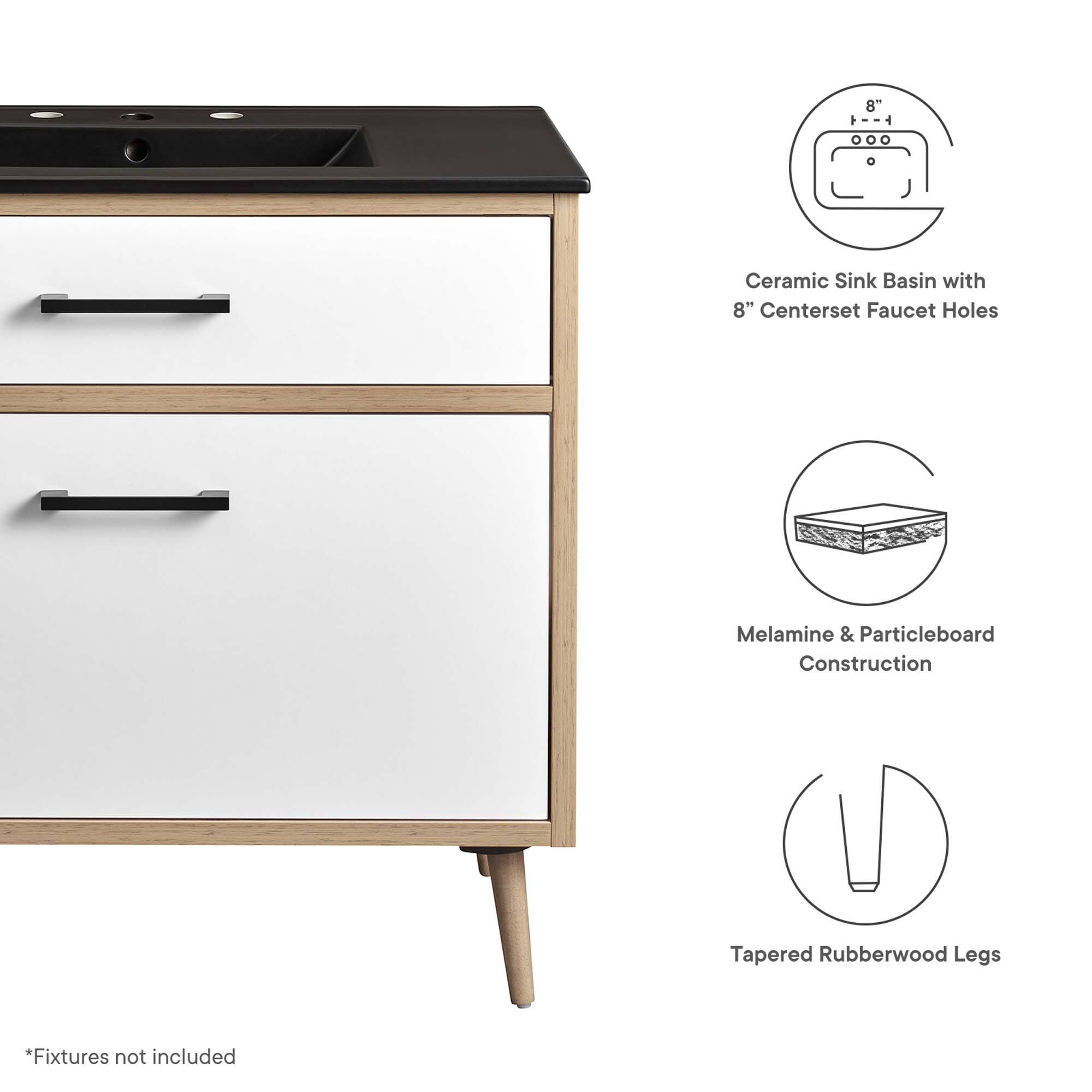 8" Ceramic Sink Basin with 8" Centerset Faucet Holes  
Melamine & Particleboard Construction  
Tapered Rubberwood Legs  
*Fixtures not included