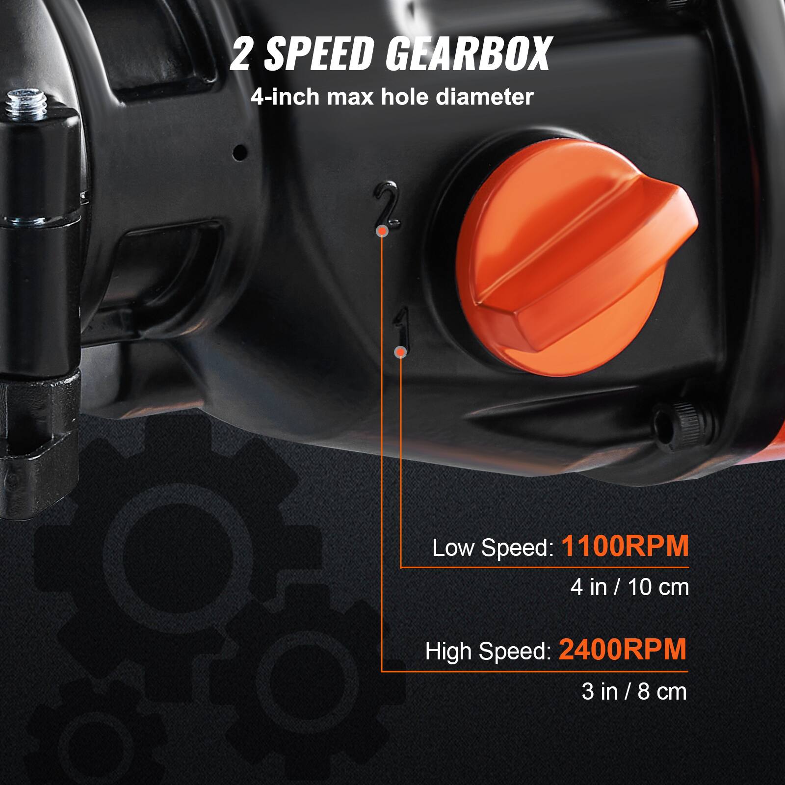 2 SPEED GEARBOX  
4-inch max hole diameter  

Low Speed: 1100RPM  
4 in / 10 cm  

High Speed: 2400RPM  
3 in / 8 cm