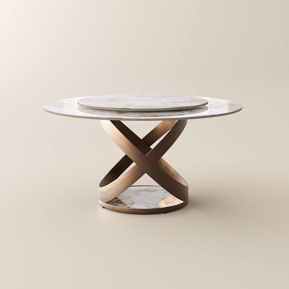 Alt View 9. POVISON - 59" Modern White Dining Table for 4 with Lazy Susan, Glossy Round Sintered Stone Tabletop, Bronze X Carbon Steel Base - White Glossy Sintered Stone with Bronze.