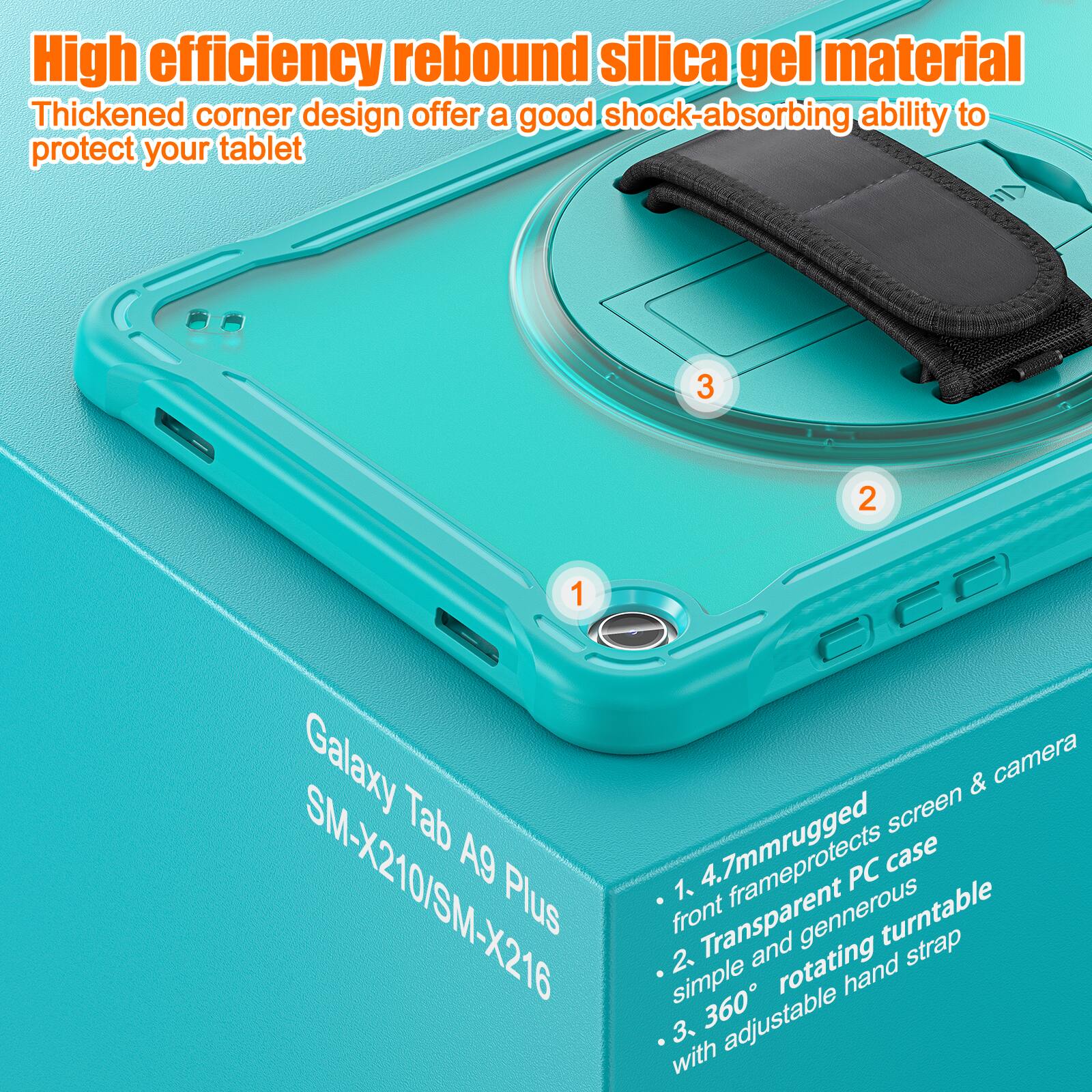 High efficiency rebound silica gel material  
Thickened corner design offers a good shock-absorbing ability to protect your tablet  

1. 4.7mm rugged front frame protects screen & camera  
2. Transparent PC case simple and generous rotating turntable  
3. 360° adjustable hand strap