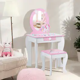 Costway - Kids Vanity Makeup Dressing Table Chair Set Wooden W/ Mirror Drawer - White