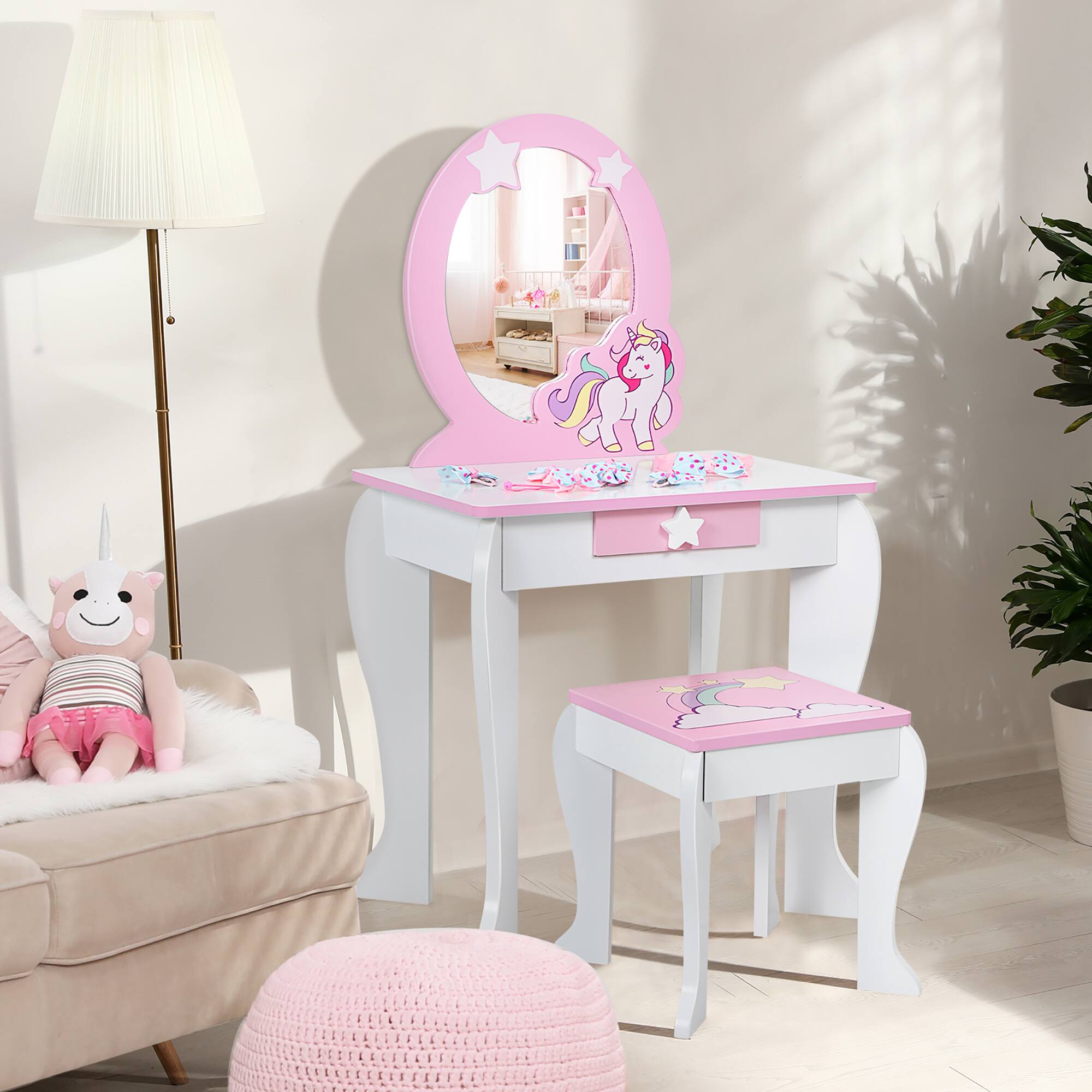 Alt View 1. Costway - Costway Kids Vanity Makeup Dressing Table Chair Set Wooden W/ Mirror Drawer - White.