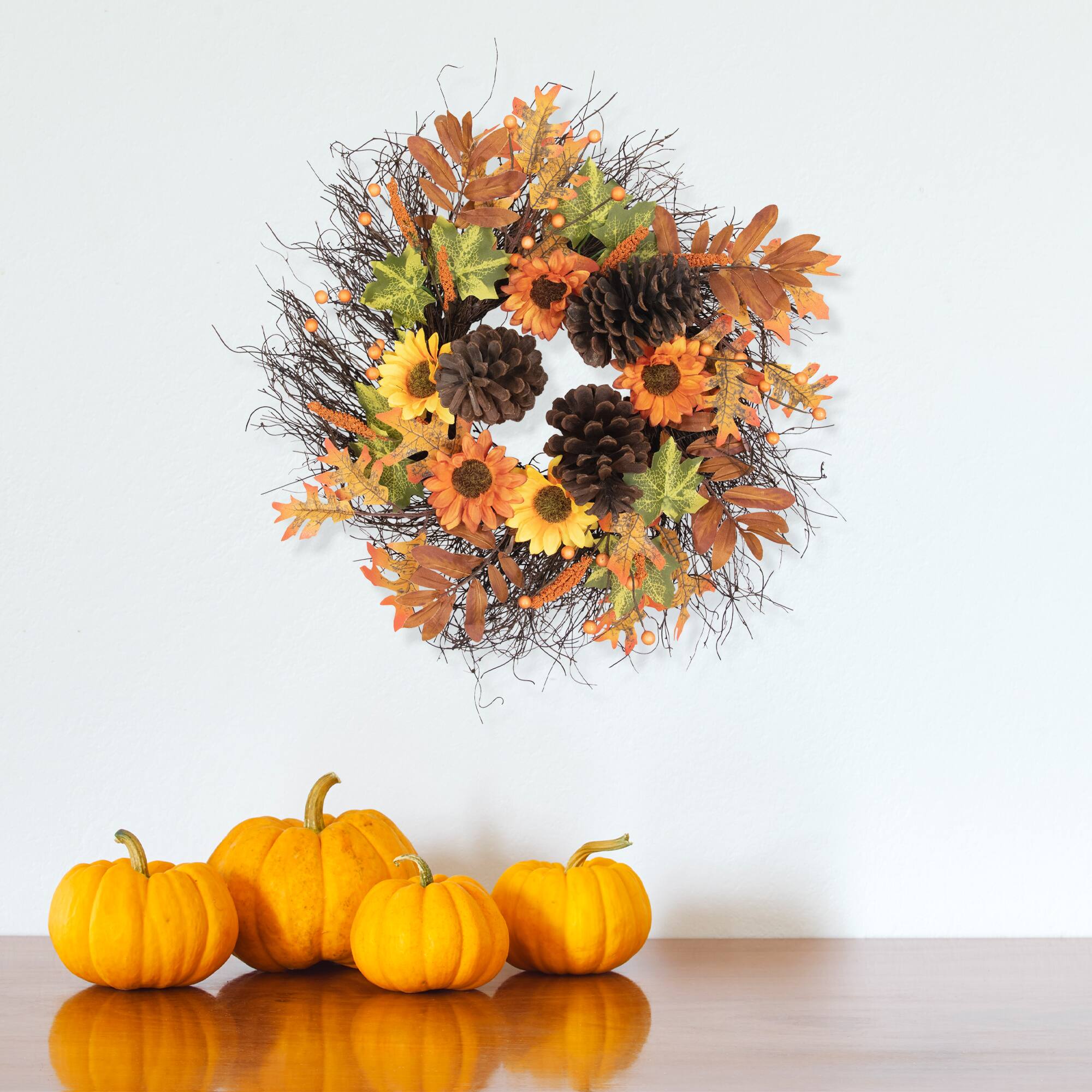 Front. Northlight - Sunflowers and Pinecones Artificial Fall Harvest Twig Wreath - 24" - Orange.