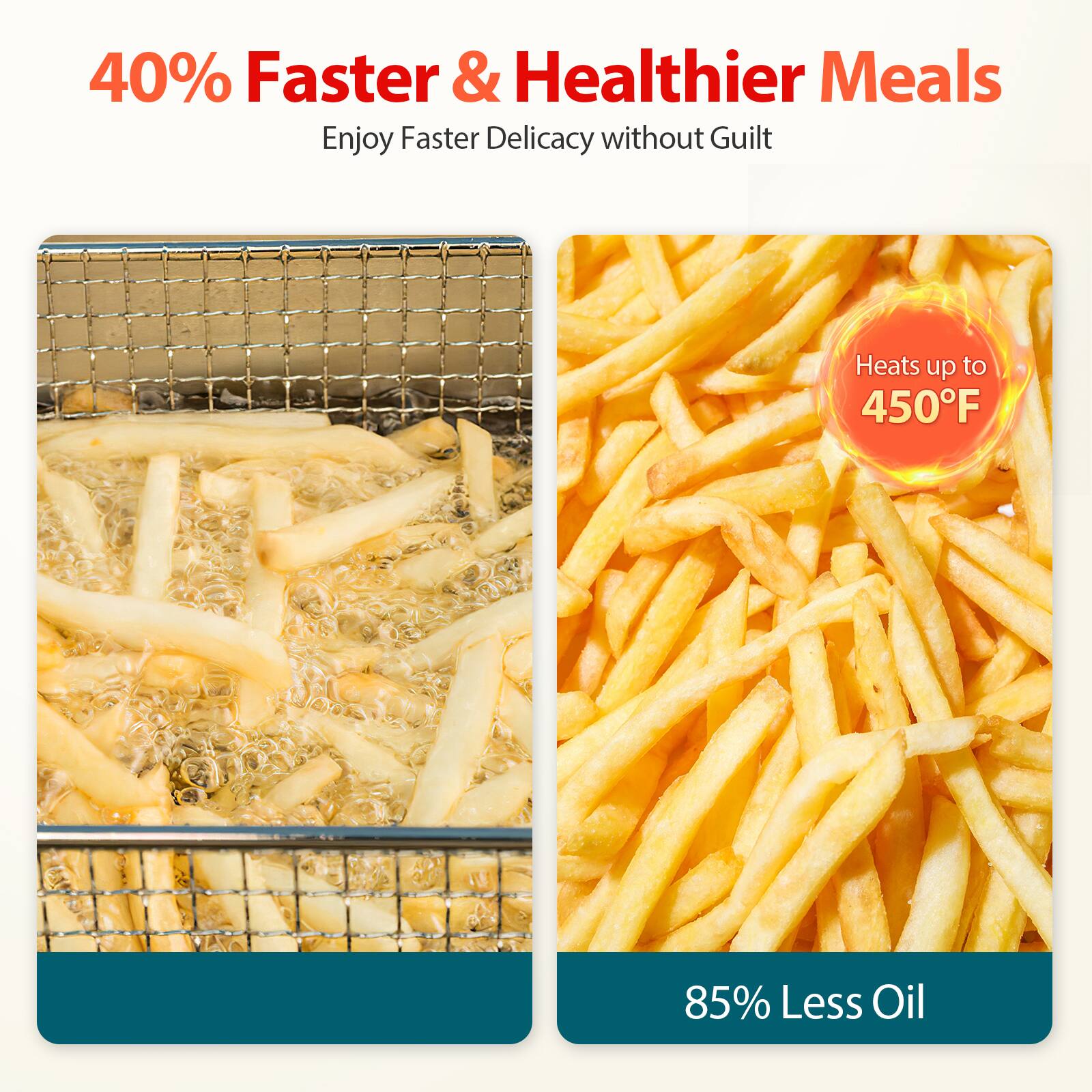 40% Faster & Healthier Meals
Enjoy Faster Delicacy without Guilt
Heats up to 450F
85% Less Oil