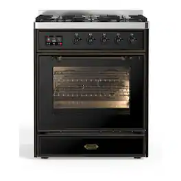 ILVE - Majestic II Series 30 in. Dual Fuel Range with 5 Sealed Burners (Liquid Propane, Burnished Trim) - Glossy Black