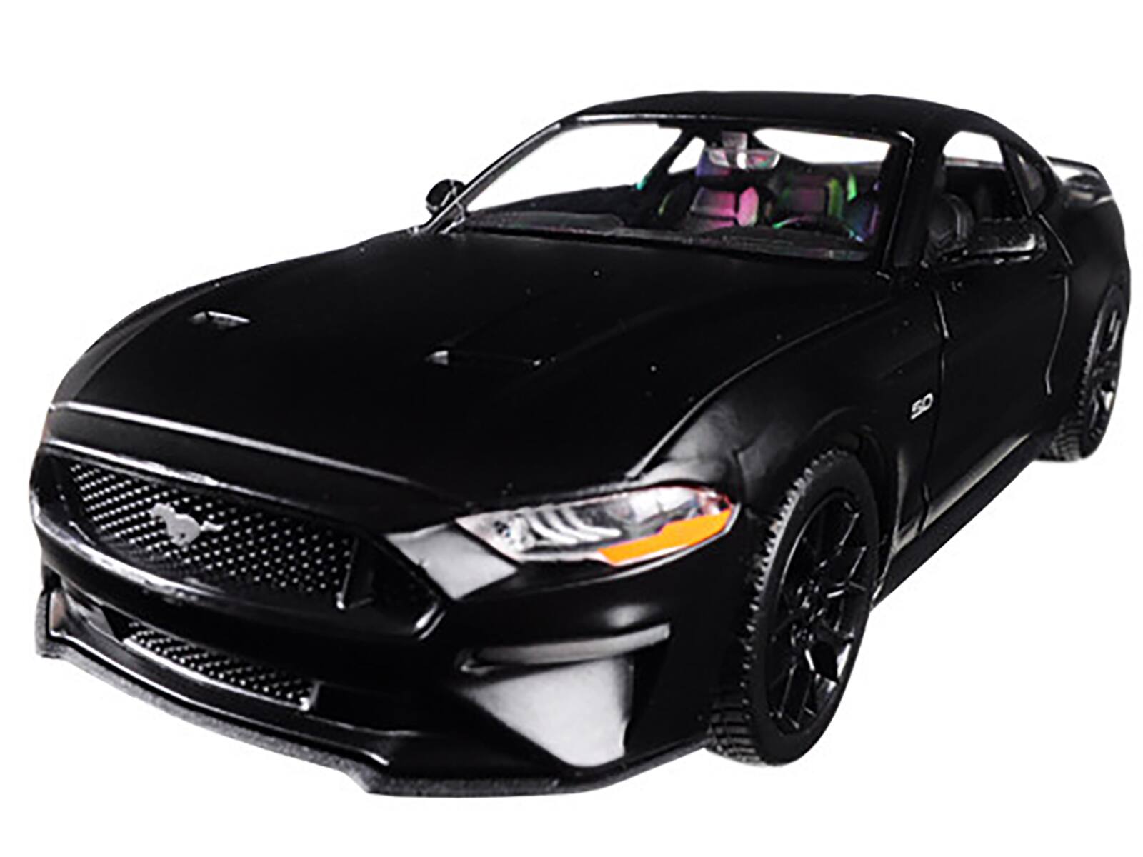 Angle. Motormax - 2018 Ford Mustang GT 5.0 Matt Black with Black Wheels 1/24 Diecast Model Car by Motormax - Matt Black.
