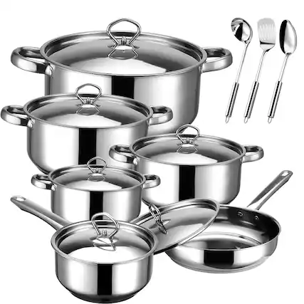 Front. DEL OLMO ASSOCIATES - 15-Piece Stainless Steel Cookware Set, Tri-Ply Base, Induction Safe, Dishwasher - Cookware Set 15PCS.