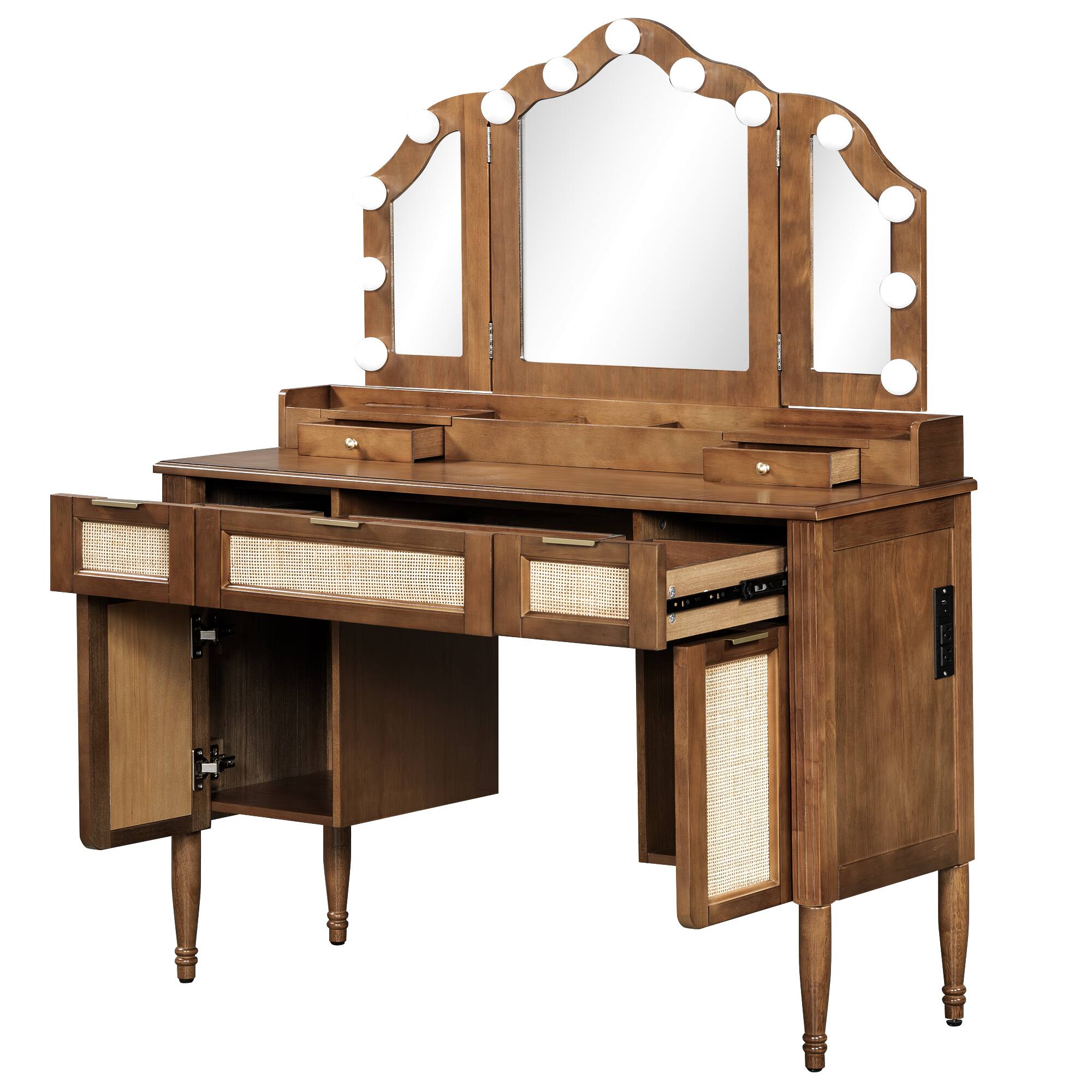 Back. Whisen - Dresser Makeup Vanity Table with Tri-Fold Mirror,13 Hollywood LED Lights,5 Drawers and Charging Station - Espresso.