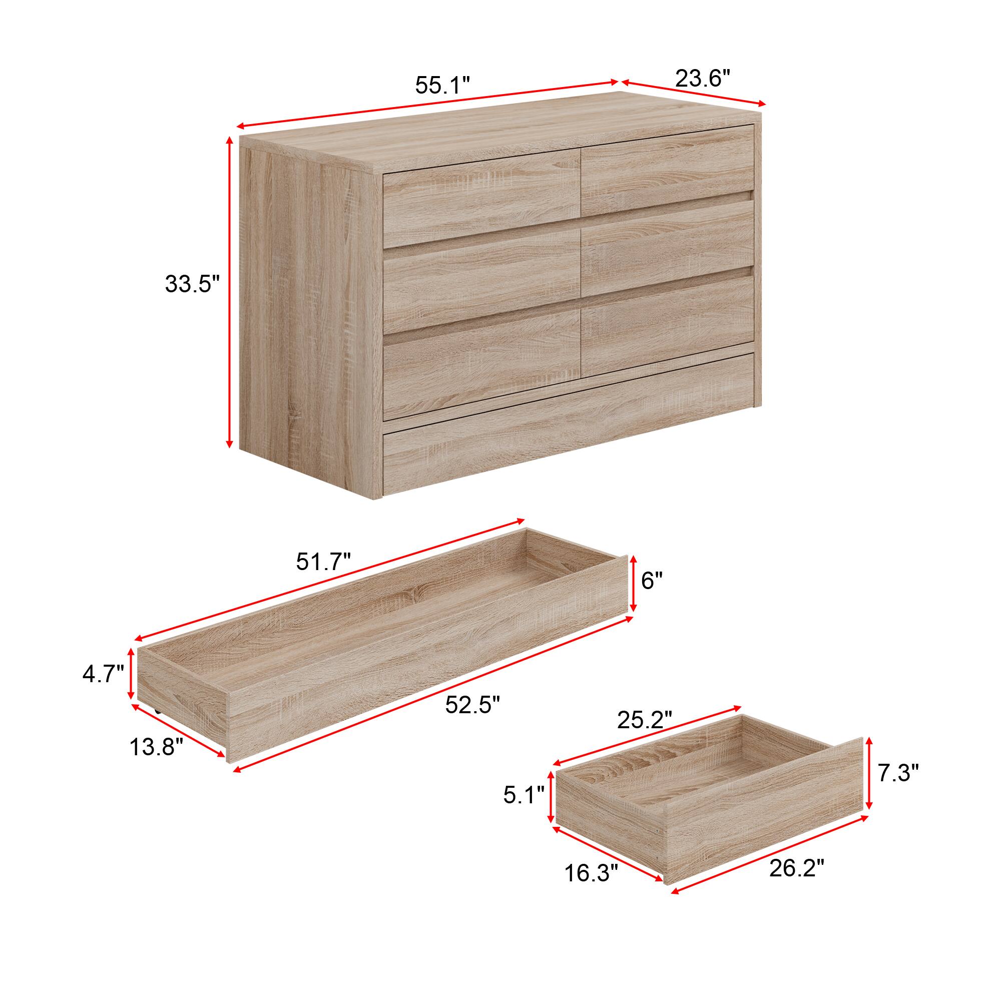 The text can be grouped as follows:

- Dimensions of the dresser:
  - Height: 55.1"
  - Width: 33.5"
  - Depth: 23.6"

- Dimensions of the drawer:
  - Width: 51.7"
  - Depth: 6"
  - Height: 4.7"
  - Width: 52.5"
  - Depth: 5.1"
  - Height: 13.8"

- Dimensions of the shelf:
  - Width: 26.2"
  - Depth: 7.3"
  - Height: 16.3"