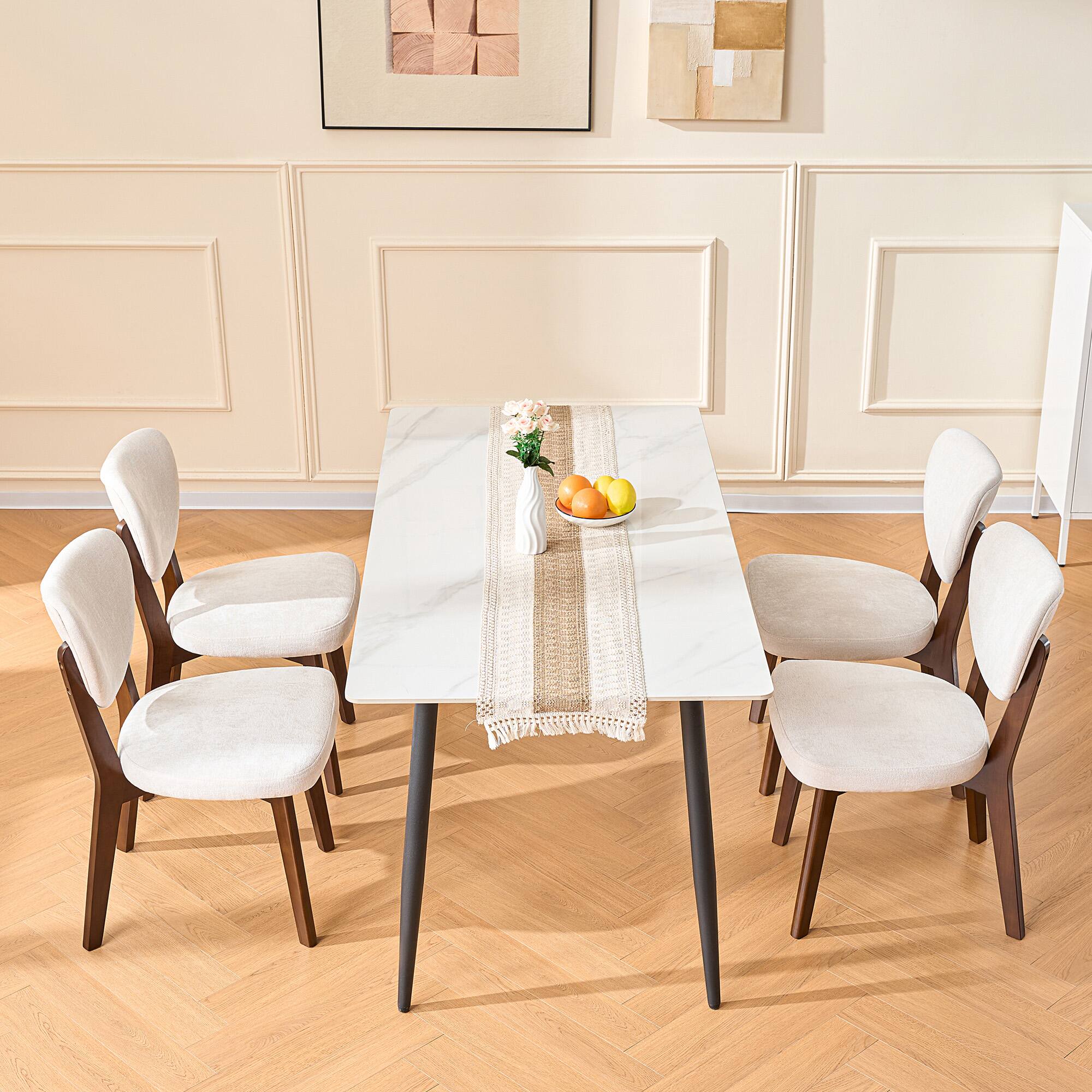 Brick Attic - Wooden Dining Chairs, Modern Fabric Upholstered Kitchen Side Chairs with Foot Pegs Farmhouse Dining Room Chair, Set of 4 - Beige