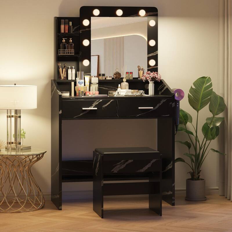Alt View 2. GARVEE - Vanity Desk with Mirror and Lights, Marble Finish Makeup Table, 2 Drawers, Dimmable LED, Stool Included, Marble Black - Marble Black.