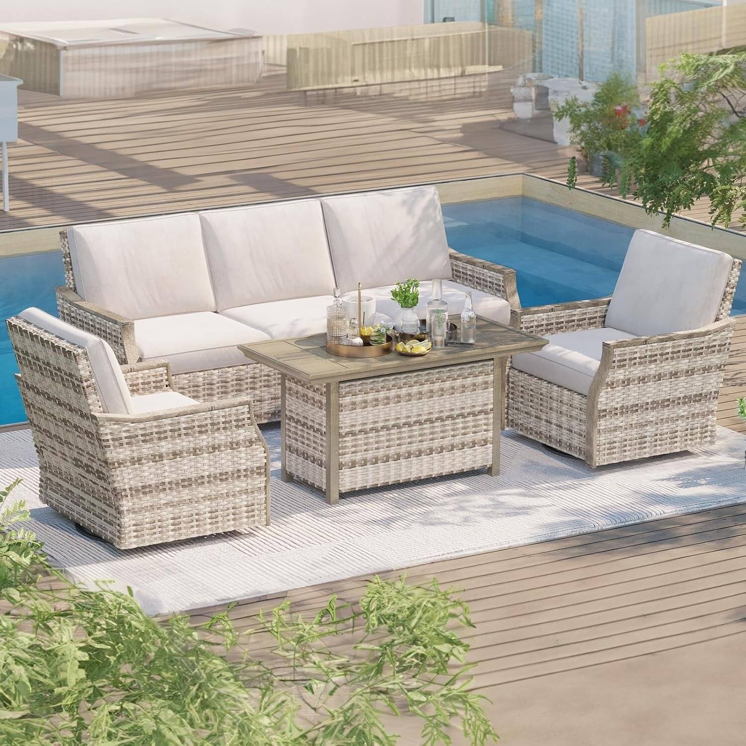 Angle. U-HOMY - 4-Piece Outdoor Wicker Patio Set with 360° Swivel Rocker Chairs, 3-Seat Sofa and Tempered Glass Table - Beige.
