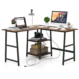 Gymax - L Shaped Corner Computer Desk Study Table w/Storage Shelves - Rustic Brown