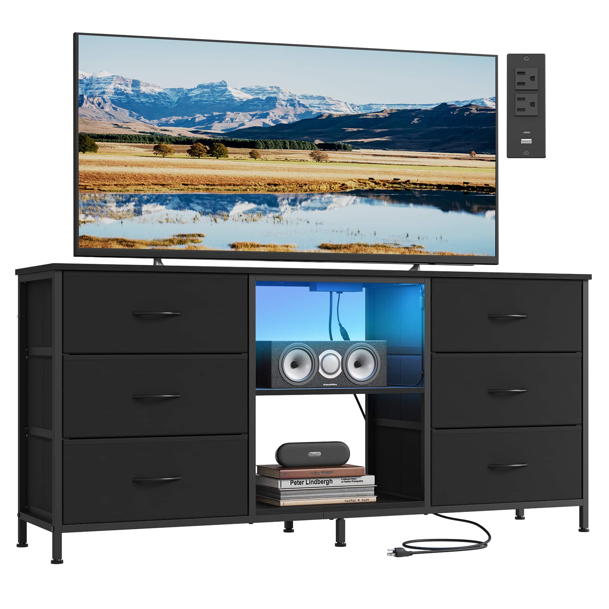 Songmics Home - TV Stand for TVs Up to 65 Inches, Dresser for Bedroom, Living Room, Chest of Drawers, Steel, 6 Drawers and 2 Shelves - Ink Black