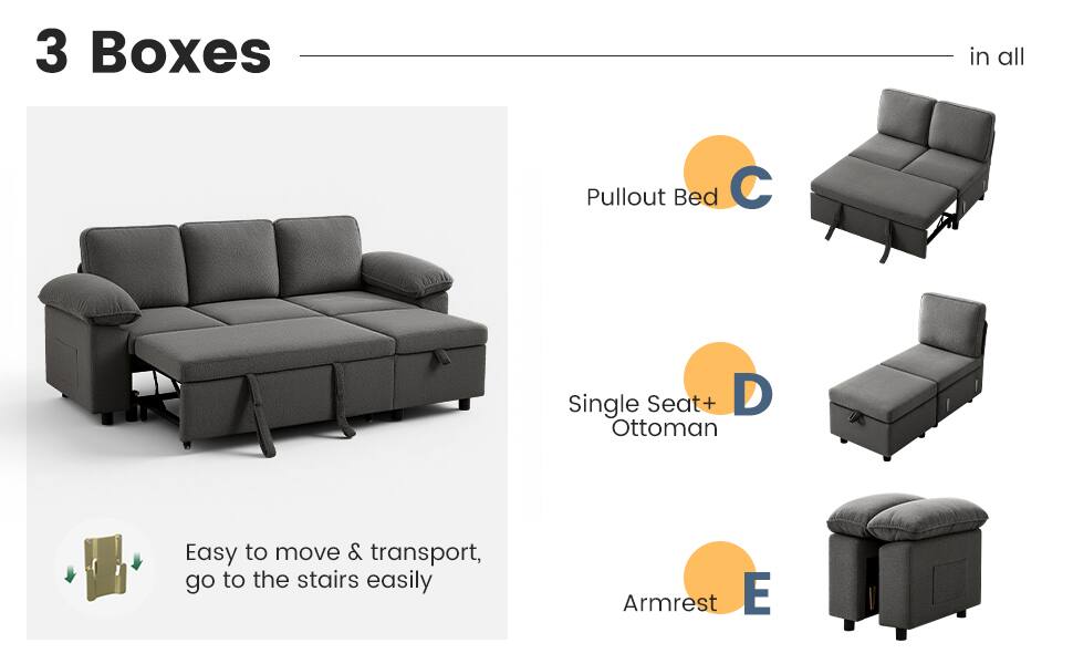3 Boxes in all

Pullout Bed C

Single Seat+ Ottoman D

Armrest E

Easy to move & transport, go to the stairs easily
